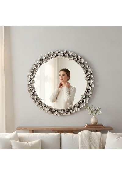 Tr Dekoratif Duvar Aynası Yuvarlak Modern Çiçek Desenli Çerçeve, 43 Cm, Salon Antre Banyo İçin Şık Ayna G Genel