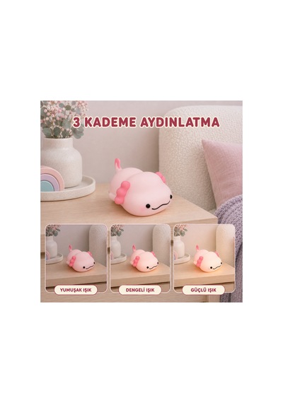 Axopo - Aksolotl Figürlü Şarjlı Silikon Gece Lambası 3 Kademe Dokunmatik Usb-c Pembe Pembe