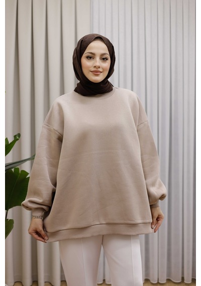Moonsc Oversize Sweat 3 İplik Şardonlu Bej