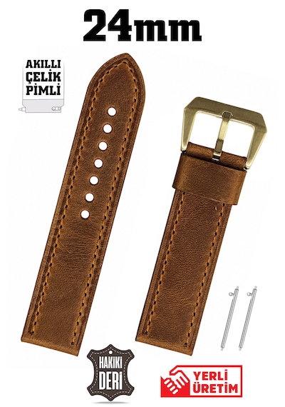 24mm Kahverengi Spor Crazy Nubuk Hakiki Deri Saat Kordonu Kayış Akıllı Pimli Gold