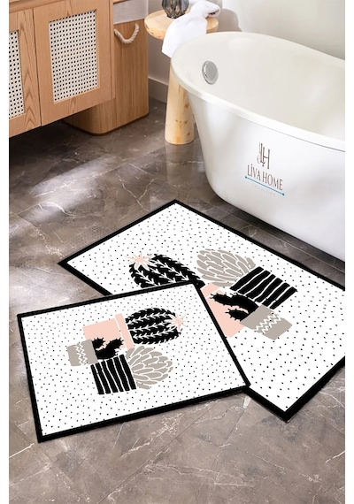 Buççin Online Mağaza Siyah Beyaz Kaktüs Dijital Baskılı Banyo Paspas Takımı Polyester Orta 6 - 12 Mm Çok Renkli