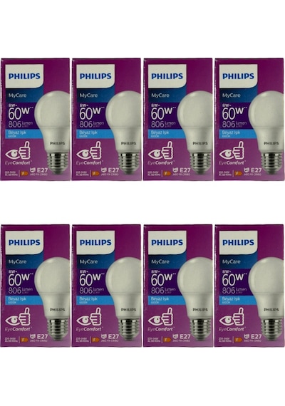 Philips 8w 60w 6500k Beyaz Işık E27 Duylu Klasik Led Ampul 8 Adet