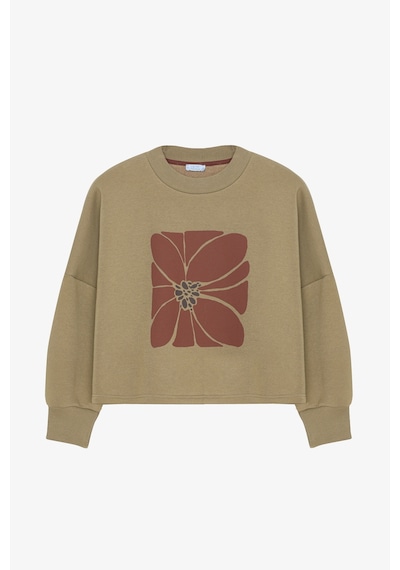 Quzu Çiçek Baskılı Oversize Sweatshirt Haki