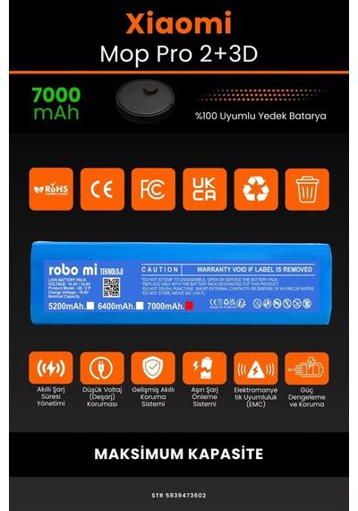Xiaomi Mop Pro 2+ 3d Stytj01zhm 7000mah Robot Süpürge Bataryası