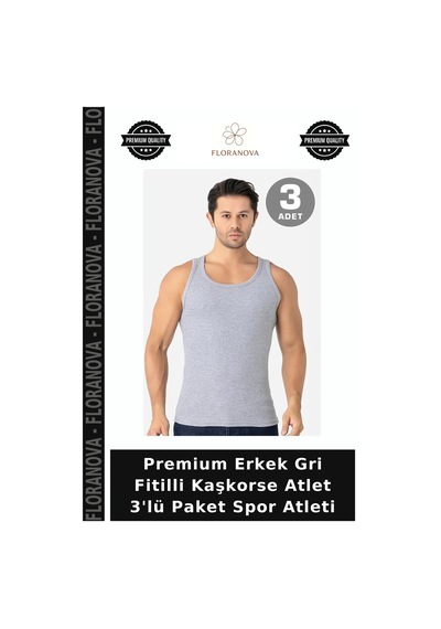 Floranova Premium Erkek Gri Fitilli Kaşkorse Atlet 3'lü Paket Spor Atleti