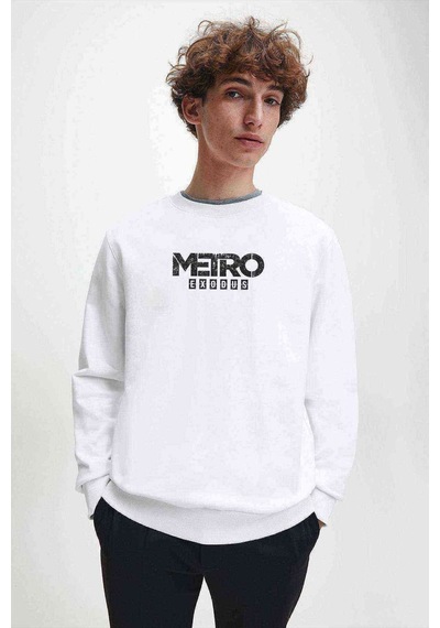 Metro Exodus Logo Baskılı Beyaz Erkek Örme Sweatshirt