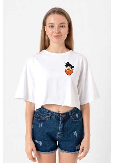 Dragon Ball Z Anime Son Goku Pocket Beyaz Kadın Crop Tshirt Beyaz