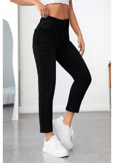 Woddi Mom Siyah Kadın Likralı Mom Jean Kot Pantolon-2