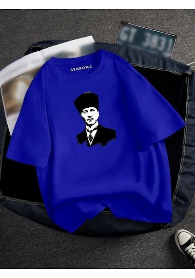 Atatürk Baskılı Oversize Unisex Tişört Saks Mavisi