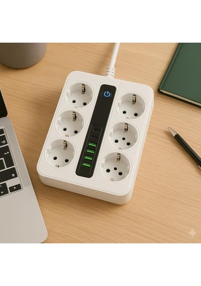 6 Priz + 4 Usb Çıkışlı Akıllı Çoklu Priz - Aç/kapa Anahtarlı, Hızlı Şarj Destekli, 3680 Watt, Ev & Ofis Kullanımı