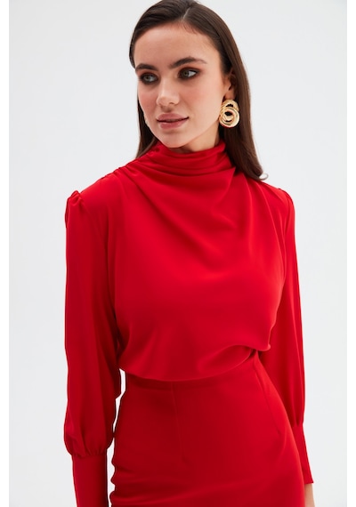 Sateen Drape Detaylı Bluz - Kırmızı