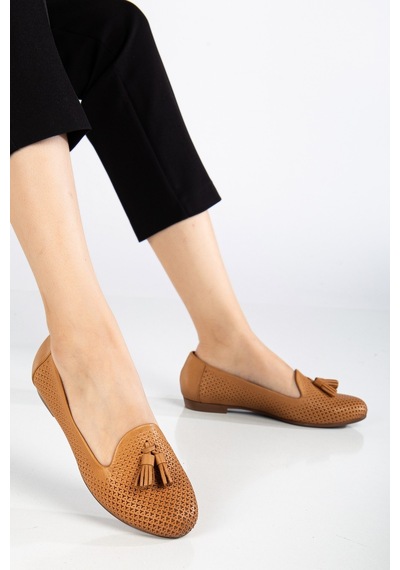 Analin Shoes Kadın Hakiki Deri Baskılı Püsküllü Babet Taba