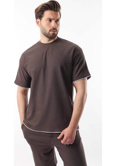 Madmext Kahverengi Nakış Detaylı Erkek Şort T-shirt Takım E7305 Kahverengi