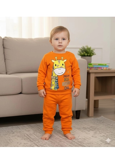 Poppy Trend Kız Bebek Zürafa Baskılı Çıt Çıtlı Alt Üst İkili Gündelik Takım 6-18 Ay Turuncu