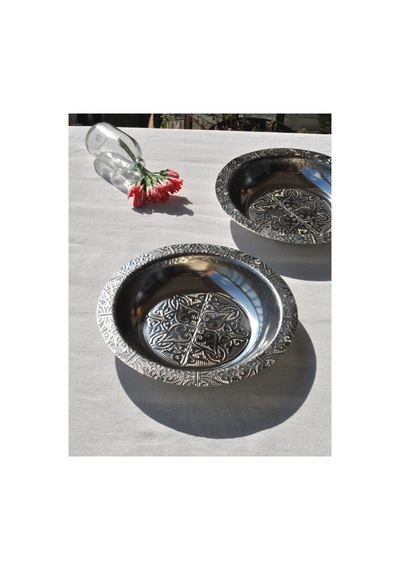 6 Adet Paslanmaz Çelik Etnik Desenli Çukur Yemek Tabağı 20 Cm Meze Tabak Gümüş