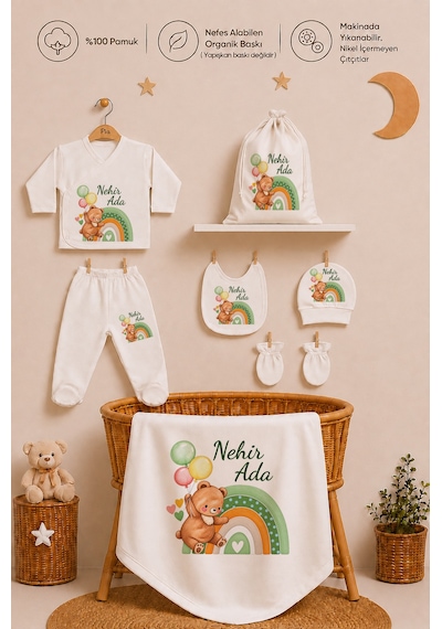 Pia Baby İsimli Kız Bebek %100 Pamuk Zıbın Set Yastık Kılıfı Battaniyeli Kıyafet Keseli 2083zybk0x Krem