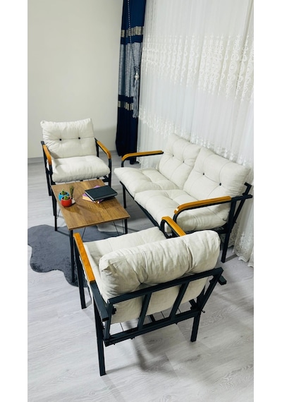 Madame Home Kaktüs Balkon, Bahçe,teras,cafe - Salon - Metal Kanepe Koltuk Takımı - 2 1 1 Sehpa Krem