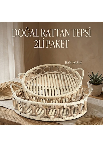 2 Adet %100 El Yapımı Tepsi, Doğal Rattan Tepsi, Sunum Tepsisi Bh24494 Rattan