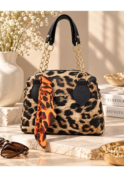Savanna Bag Leopar Desenli Zincir Detaylı Çanta Kahve