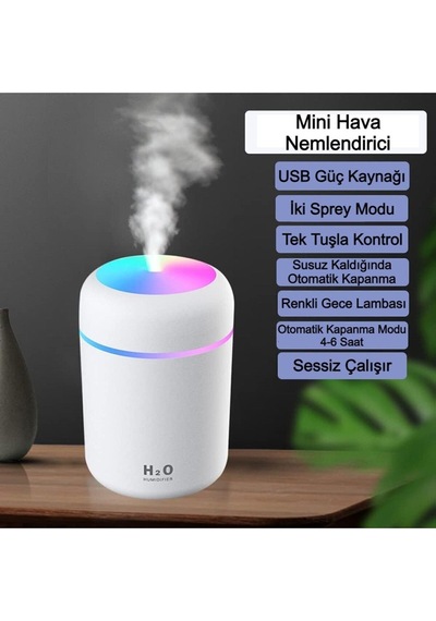 Wearfitpro Mini Hava Nemlendirici - H2o Humidifier Oda Nemlendirici - İki Pamuklu - Renkli Aydınlatmalı