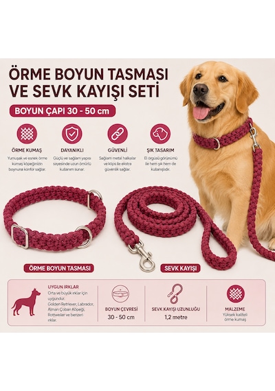Örme Köpek Boyun Tasması Ve Sevk Kayışı Seti 30-50 Cm 1,2 Metre Kayış El Örgüsü - Bordo Çok Renkli
