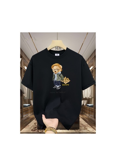 Caddemia Yaz Moda Eğlence Spor Gevşek Seyahat Ayı Karikatür Desen Baskılı Yuvarlak Siyah 2XL