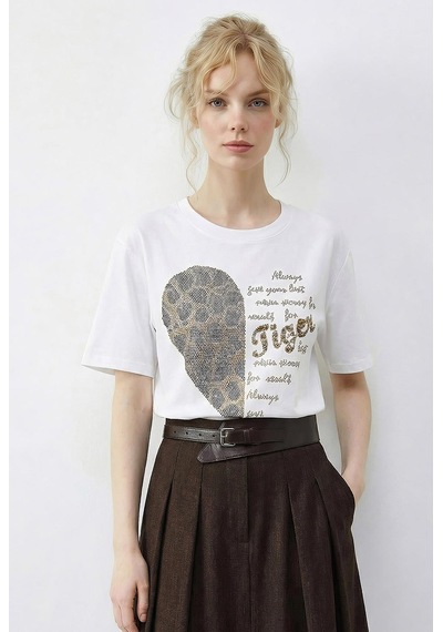 Shade Kadın Leopar Kalp Taş İşlemeli Bisiklet Yaka Regular Fit T-shirt 2210 60283976 - Beyaz