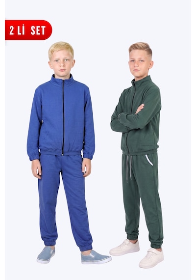 Fyk Kids Erkek Çocuk 2'li Dik Yaka Fermuarlı Beli Bağcıklı Lastik Paça Eşofman Takımı Mavi-haki