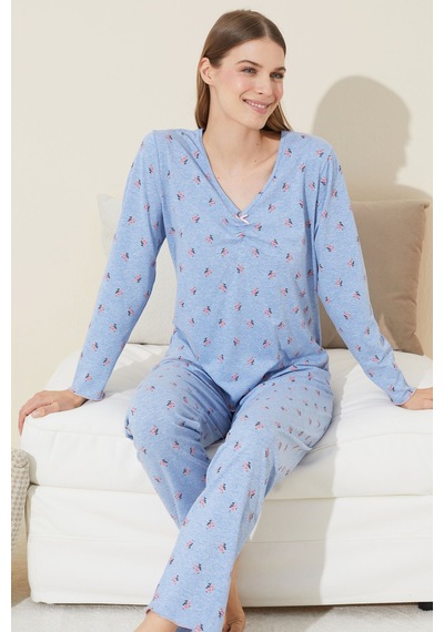 Siyah İnci Pamuklu Örme Pijama Takım 24240117 mavi