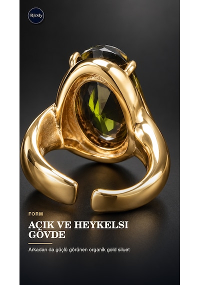 Riody Oil De Minuit Gold Kaplama Doğal Kedi Gözü Taşlı Açık Form Kadın Yüzük Altın Sarısı