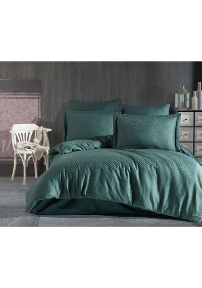 Jakarlı & Saten Çift Kişilik Nevresim Takımı - Geometrik Desen Çeyiz Seti- 200x220cm - Metis Yeşil Yeşil