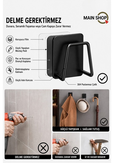 Mainshop 4 Adet Siyah Sünger Askılığı - Paslanmaz Çelik Suya Dayanıklı Delme Gerektirmeyen Tutucu M-sng1