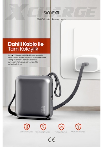 Simex 10.000 Mah 22.5w Hızlı Şarj Pd Powerbank Kendinden Kablolu Ve Dijital Göstergeli Taşınabilir Cihazı Standart