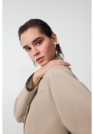 Vatkalı Diagonal Crop Blazer Ceket-20435 Bej