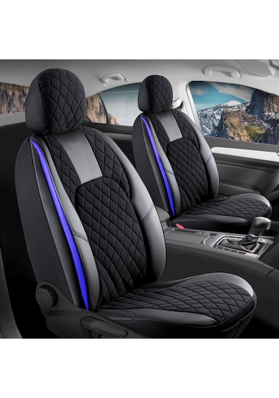 Fiat Bravo Pop Deri Detaylı Oto Koltuk Kılıfı Chester Serisi Siyah Mavi