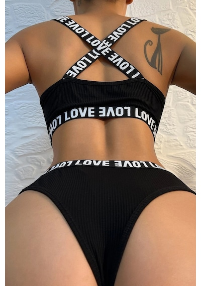 Veraura Lifestyle Kadın Siyah Çapraz Sırt Ve Love Yazı Detaylı Iç Çamaşır Takımı