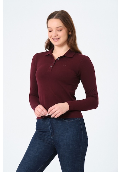 Msw Kadın Uzun Kollu Regular Fit Polo Yaka T-shirt Koyu Bordo