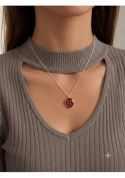 Atölye Han Özel Tasarım 925 Ayar Doğal Taş Mercan Mozaik Süslemeli Spiral Kolye Gümüş