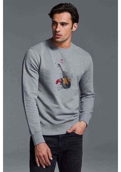 Gitar Müzik Rock Art Baskılı Gri Erkek Örme Sweatshirt