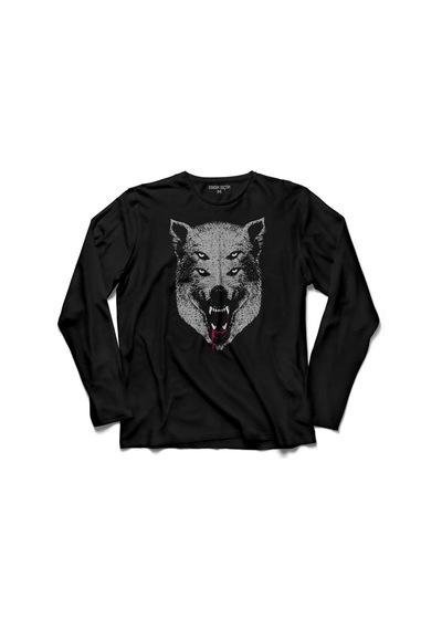 Kurt Kafa Göz Yanılması Wolf Head Uzun Kollu Tişört (512966322)