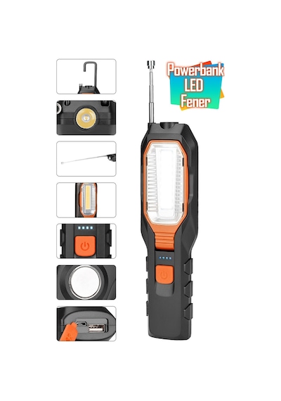 El Feneri 4 Modlu 90 Akrobat Led Çalışma Işığı İş Lambası Darbeye Dayanıklı Mıknatıslı Fener 8w Turuncu