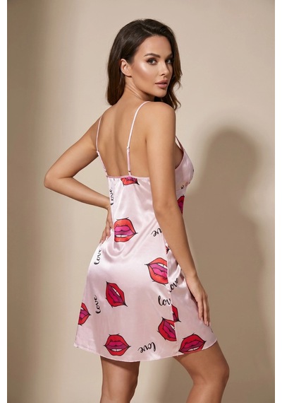 İntive Lingerie İnce Askılı Dudak Desenli Pudra Saten Gecelik Tm1445 Pudra