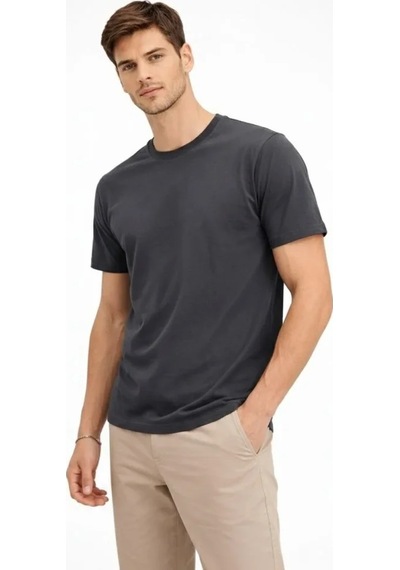 Veraura Lifestyle Erkek Bisiklet Yaka Tişört Regular Kalıp Basic Pamuklu Günlük Kullanım T-shirt - Füme
