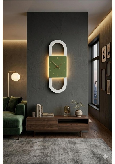 Berlin Ahşap Salon Duvar Saati Pilli Ledli Quartz Ultra Sessiz Mekanizma 28 Cm X 85 Cm Haki