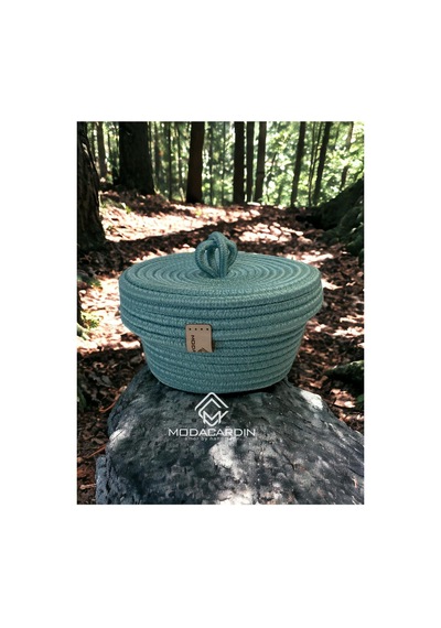 Hasır Jüt Sepet Oval Kapaklı Organizer Düzenleyici 30x20x10 Cm Turkuaz Turkuaz