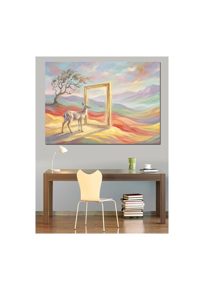 Çölde Kapıdan Geçen Beyaz Geyik Yağlı Boya Dokulu Kanvas Tablo Canvas Tablosu