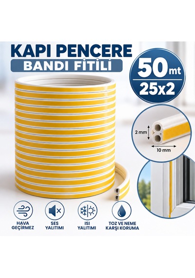 Yapışkanlı Bant 25x2 50 Metre Beyaz Kapı Pencere Bandı Fitili Soğuk Izolasyon Kauçuk Bantları 50 M