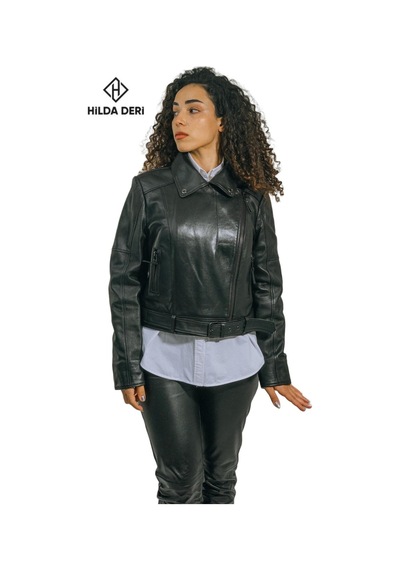 Hilda Deri Emery Biker Tarzı Siyah Oversize Hakiki Kuzu Derisi Kadın Ceket 001