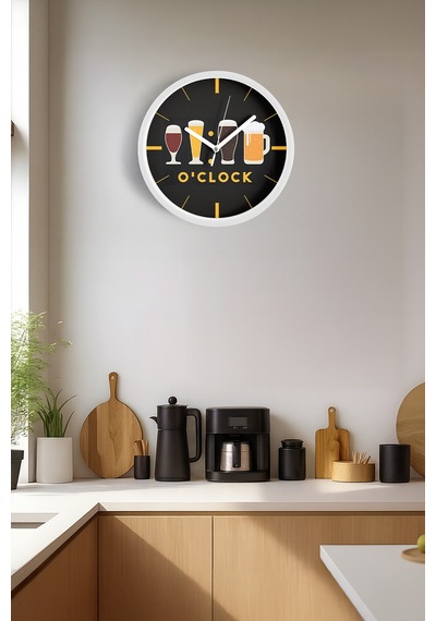 Modern Yazılı Tasarım - Kokteyl - Bira Temalı Duvar Saati - 25cm - Önü Camlı Beyaz Kasa-jh0056 Beyaz