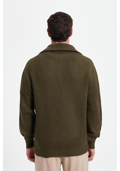 Tudors Erkek Slim Fit Dik Yaka Fermuarlı Haki Düz Hırka-42317 Haki